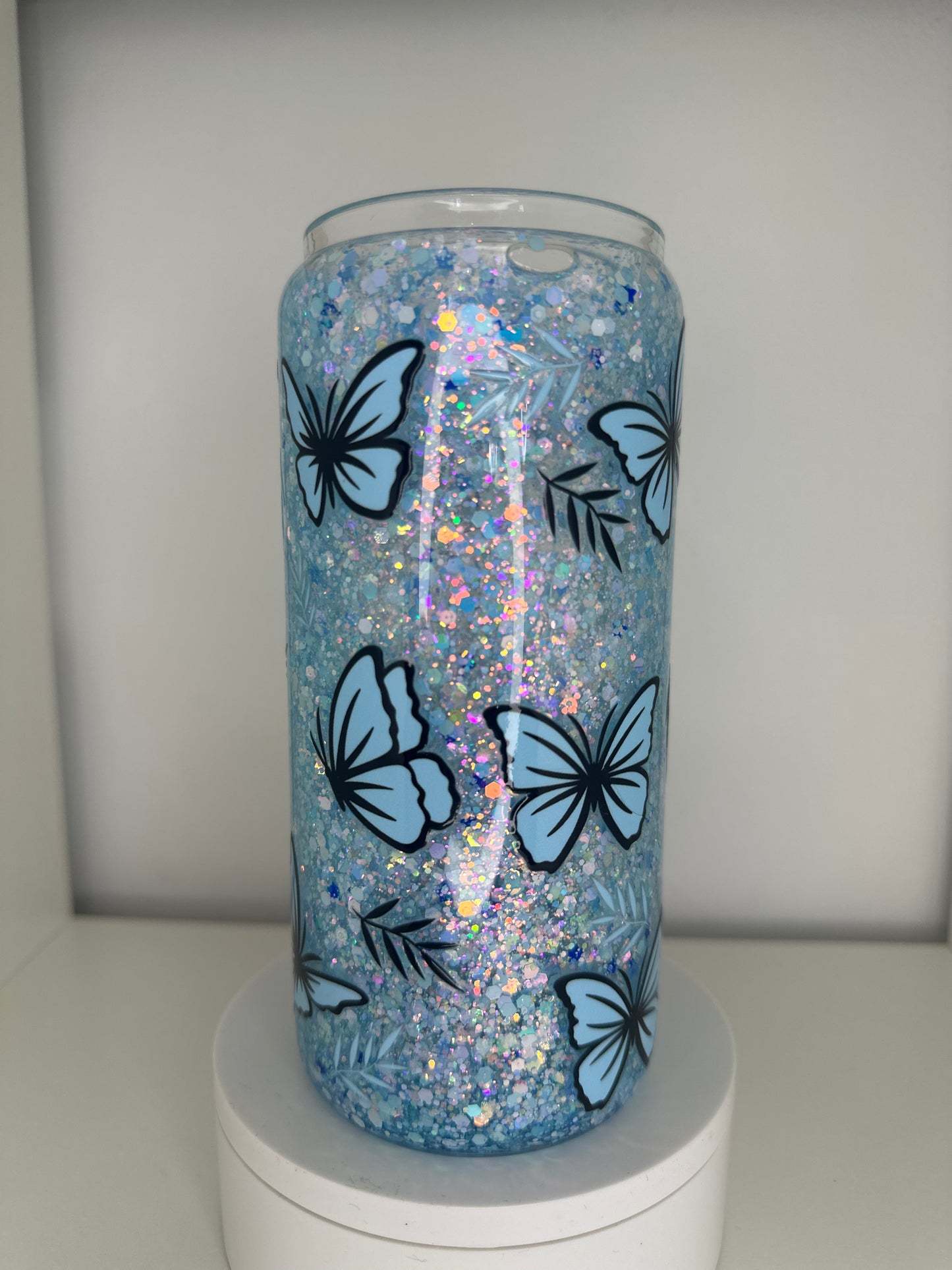 16oz Tall Glass Libby Blue Butterfly Snow Globe Tumbler