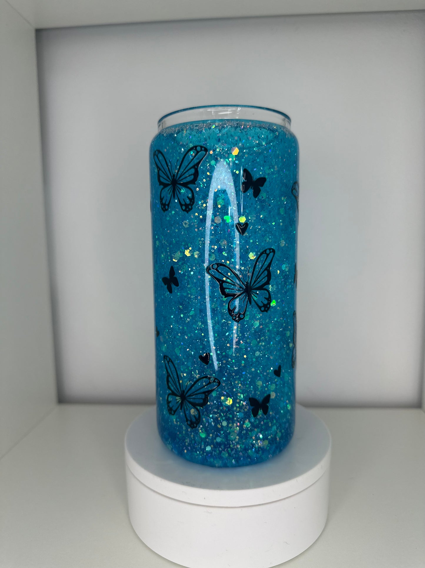 16oz Tall Libby Blue Butterly Snow Globe Tumbler