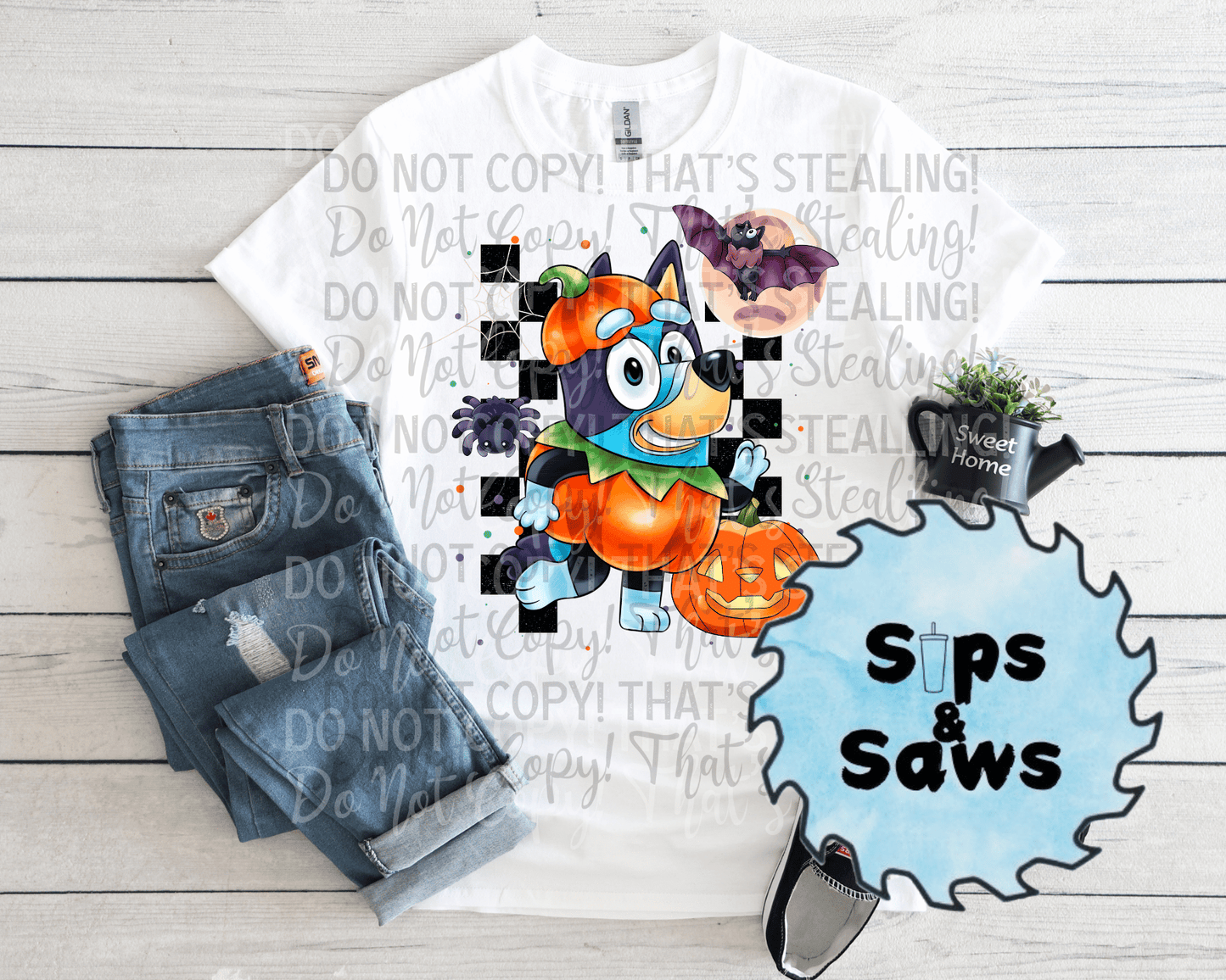 Checkered Pumpkin Blue Dog DTF