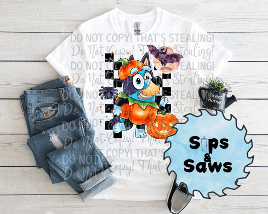 Checkered Pumpkin Blue Dog DTF