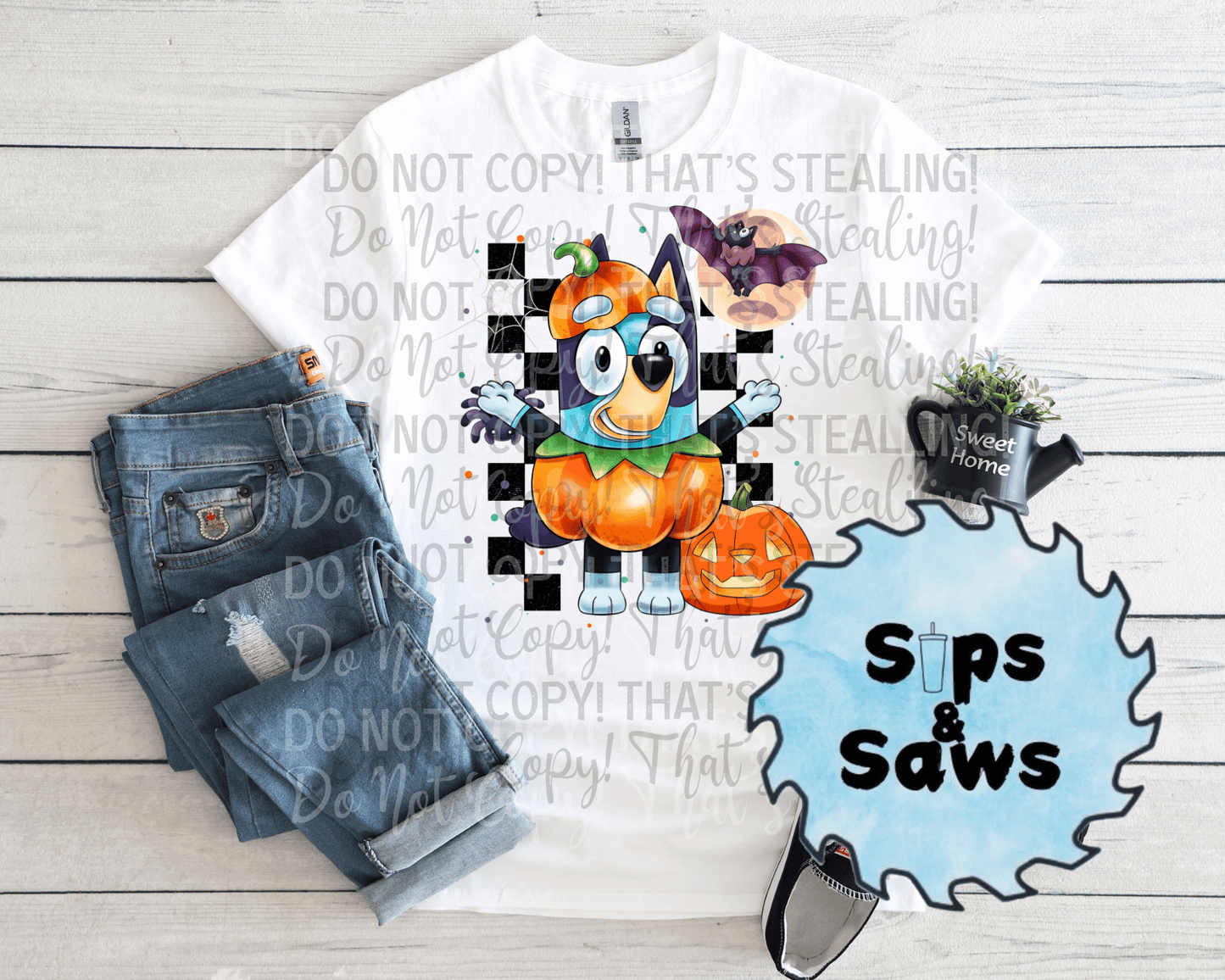 Checkered Pumpkin Blue Dog 1  DTF