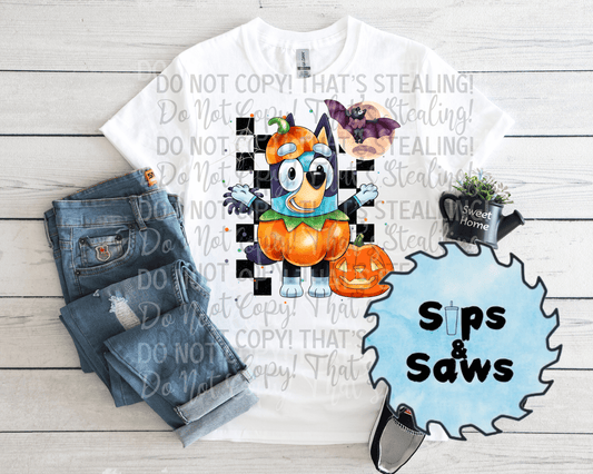 Checkered Pumpkin Blue Dog 1  DTF