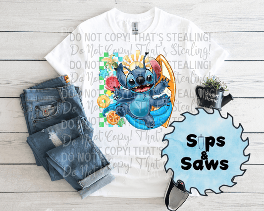 Checkered Surfing Blue Alien DTF