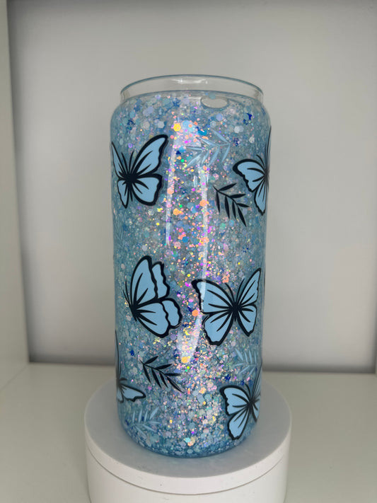 16oz Tall Glass Libby Blue Butterfly Snow Globe Tumbler
