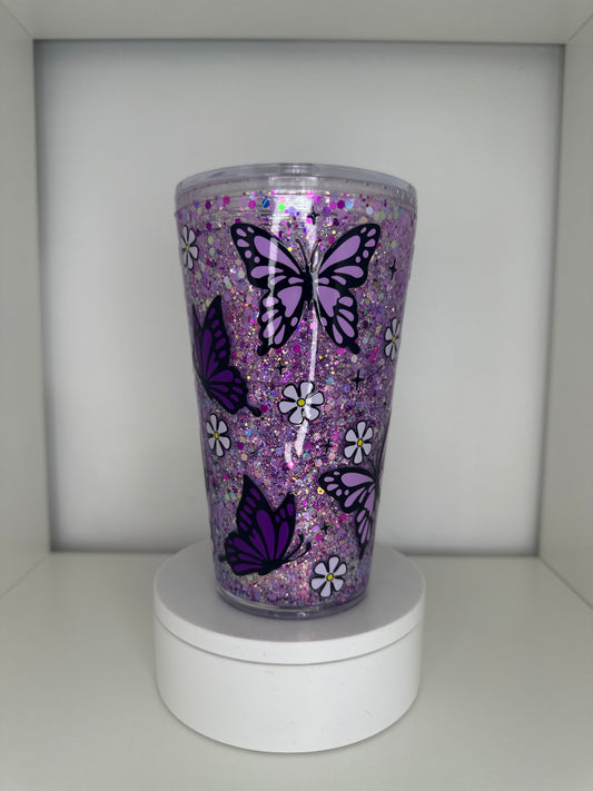 16oz Acrylic Purple Butterfly Snow Globe Tumbler